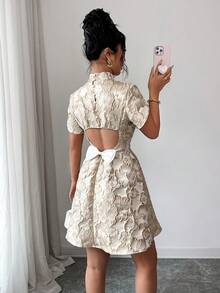 Elenzga Women's Vintage Jacquard Textured Fabric Puff Sleeve Elegant High Neck Backless Bow Contrast Color Cut Waist Unique Design Mini Dress, Summer - Apricot - View 1