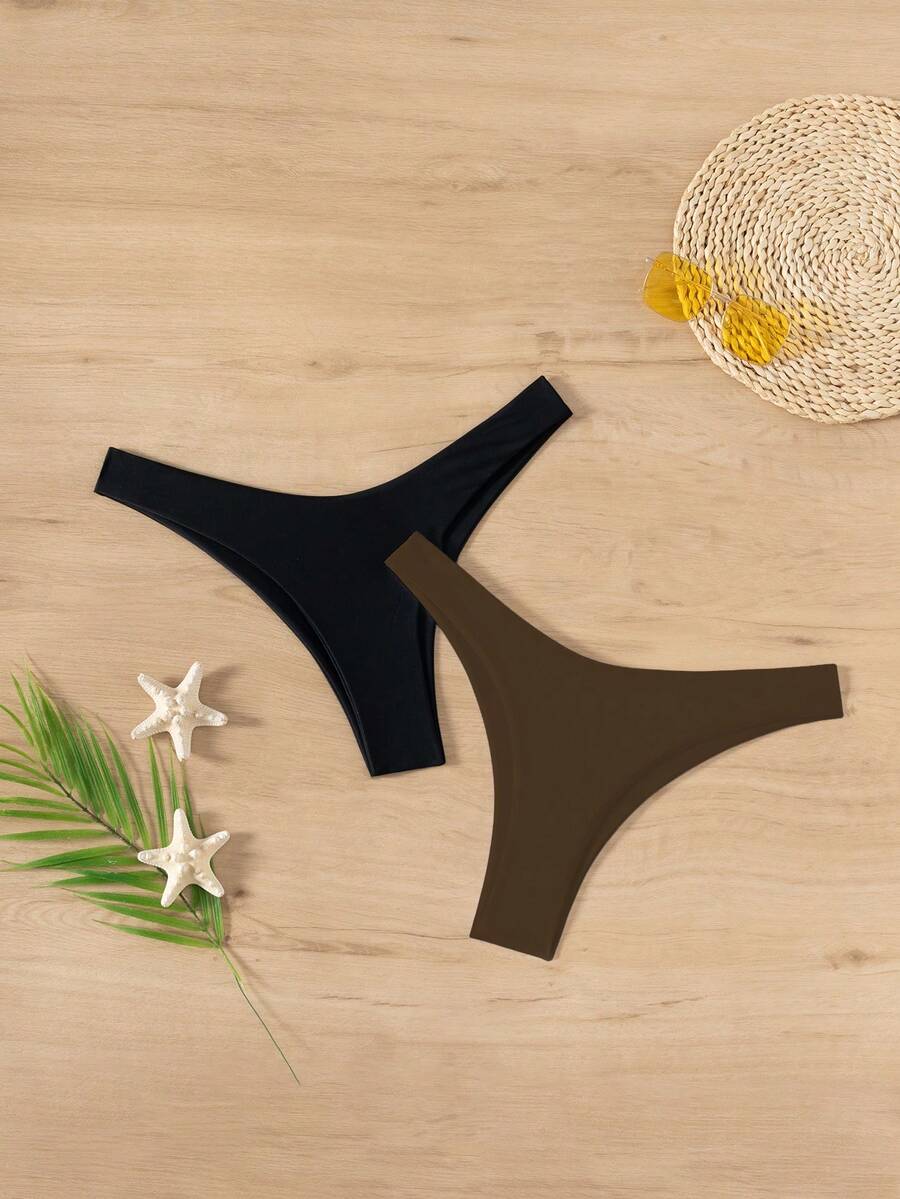 SHEIN Swim 2 piezas Conjunto de braguitas de bikini de unicolor, vacaciones en la playa - Marrón - Ver 1
