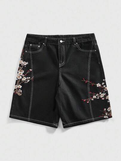 ROMWE MEN Men's Floral Embroidered Loose Denim Shorts Spring/Summer