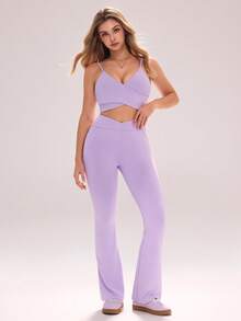 Sovereign Charm 三件套休闲百搭浅紫色可拆卸垫肩运动套装：可调节上衣，收腰喇叭裤 - 淡紫色 - 查看 4