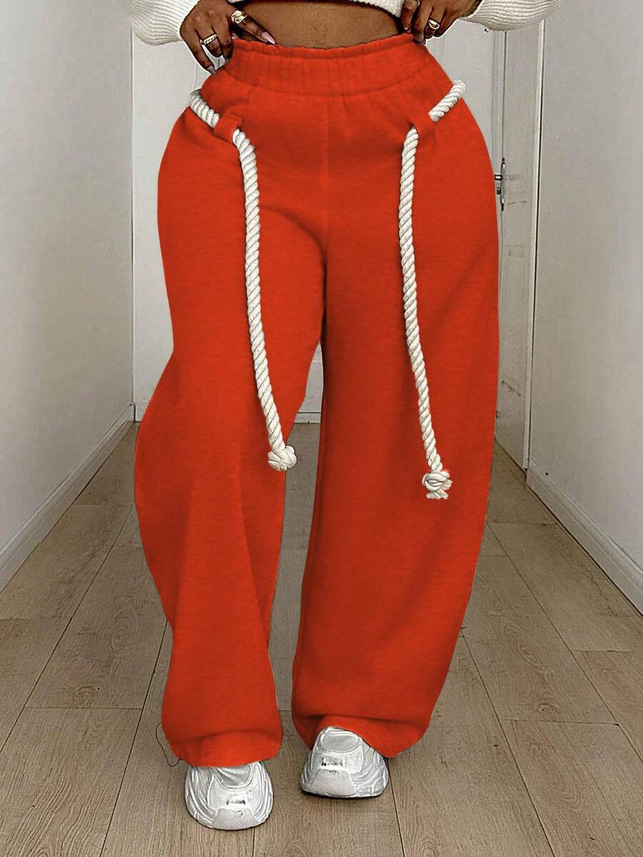Maweii 大码女式荷叶边腰部阔腿宽松休闲运动裤 - 橘色 - 查看 1
