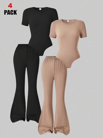 SHEIN Set de 2 piezas Conjunto de mono de manga corta casual + pantalones acampanados para niñas, adecuado para exteriores, vacaciones y viajes