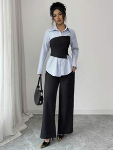 Siren Gaze Women's Blue Striped Long Sleeve Blouse With Black Corset Overlay & Wide Leg Pants Set,Blackness,Autumn,Elegant,Office 2 Pieces Patchwork Casual Suit - Multicolor - View 6