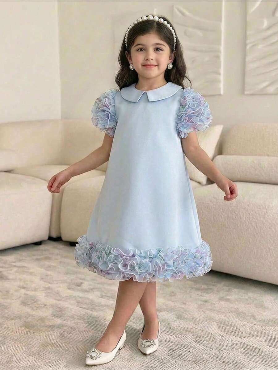 SHEIN 女童碎花彼得潘领短袖宽松休闲连衣裙 - 藍色 - 查看 1