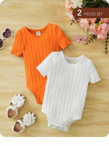 Baby Girl Cute Ribbed Round Neck Short Sleeve Romper, Summer - Multicolor - View 9