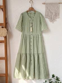 Rusticease Plus Size Women's Sage Green Plaid Dress,Summer 1920s Elegant Picnic Loose Fit Round Neck Short Sleeve Flowy Long Dress,Casual Vacation Outfits - Green - View 8