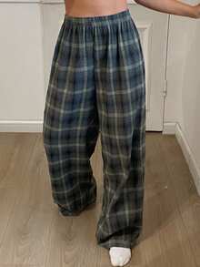 Livesso Loose Straight Elastic Waist Women's Plaid Pajama Pants, Loungewear - Green - View 6
