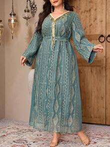 Al Najma Plus Size Women V-Neck All-Over Print Fringe Decor Long Sleeve Arabic Style Dress - Green - View 7