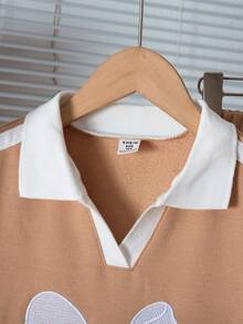 Genkimix Kids Girls Minimalist Fashion Bow Embroidered V-Neck Pullover Sweatshirt With Matching Side Stripe Straight Leg Pants Set, Casual Autumn/Winter Outfit - Coffee Brown - View 3