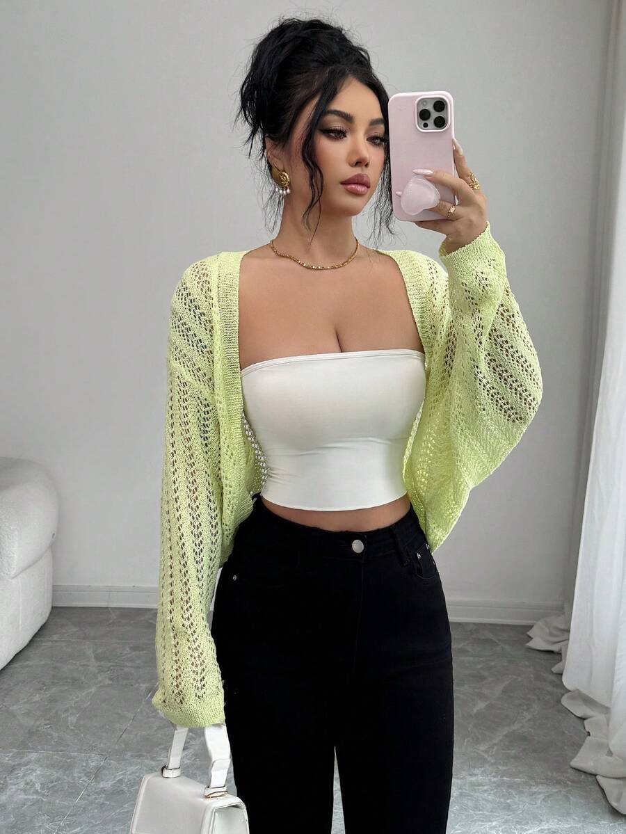 Elenzga Women's Spring/Summer New Loose Casual Elegant Cropped Long Sleeve Knit Cardigan - Green - View 1