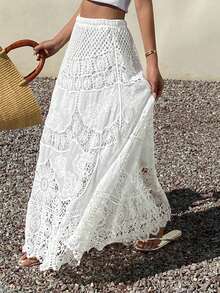 Livesso 轻盈镂空针织钩编白色半身裙，优雅波西米亚风格，适合海滩、婚礼、休闲、通勤、春夏穿着。 - 白色 - 查看 7