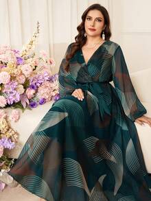 Modelyn Đầm eo thon in họa tiết toàn thân thanh lịch dành cho phụ nữ cỡ lớn - Màu xanh lá cây đậm - Xem 7