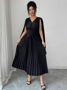 Modelyn Đầm poncho xếp ly thanh lịch dành cho nữ, có thắt lưng. - màu đen - Xem 3