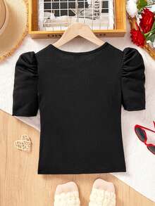 SHEIN Tween Girls' Casual Solid Color Round Neck Short Sleeve Beaded Top - Black - View 3
