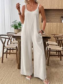 EMERY ROSE 女士休闲纯色卡其色阔腿连体裤