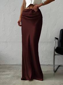 Firerie Chân váy maxi satin màu trơn, thanh lịch, tối giản, lãng mạn, đa năng dành cho nữ, thích hợp hẹn hò hoặc công sở. - Màu Tím - Xem 4