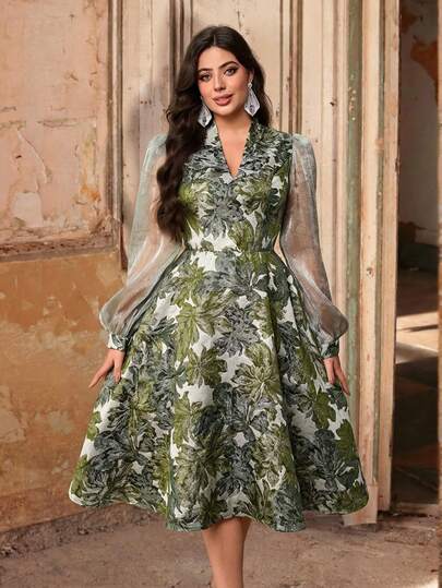 Aureia Vestido elegante y lujoso de talla grande con cuello mao, mangas abullonadas, cintura ceñida y bajo en línea A, en satén jacquard verde, adecuado para fiestas de noche, citas, vacaciones, bodas, galas y atuendos de invitado