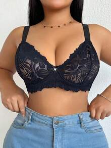 DesireSculpt 1pc Plus Size Lace Patchwork Underwire Bra - Black - View 3