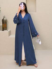 Yasmyna 女士端庄优雅V领水钻流苏装饰宽松阿拉伯长袍 - 藍色 - 查看 8