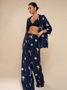 COSMINA Women's Ginkgo Leaf Embroidered Short Sleeve Single-Breasted Casual Loose Shirt - Navy Blue - View 5