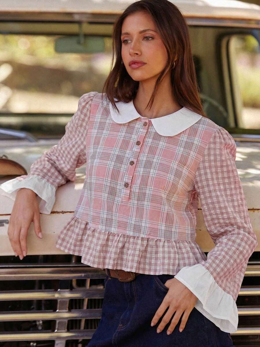 WESTFADE Mixed Plaid & Gingham Collared Button Front Tiered Ruffle Boxy Fit Top Fall, Autumn, Winter, Boho, Casual, Cute, Western Wear, Country Outfit - Baby Pink - View 1