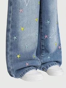 SHEIN Girls' Versatile Fashion Distressed Straight Leg Blue Jeans Star Jeans Cute Baggy Jeans - Blue - View 4