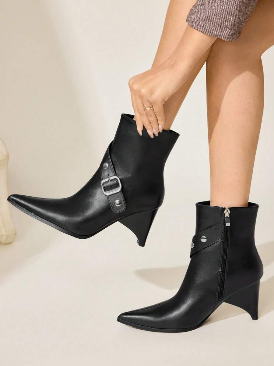 CUCCOO CHICEST Women's Fashion Versatile Commuter Buckle Pointed Toe Chunky High Heel Ankle Boots - Black - View 1