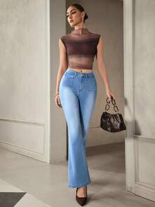 Selenza 女士休闲日常水洗口袋喇叭牛仔裤，女式靴型牛仔裤，高腰女式喇叭牛仔裤，女式喇叭牛仔裤 - 藍色 - 查看 1