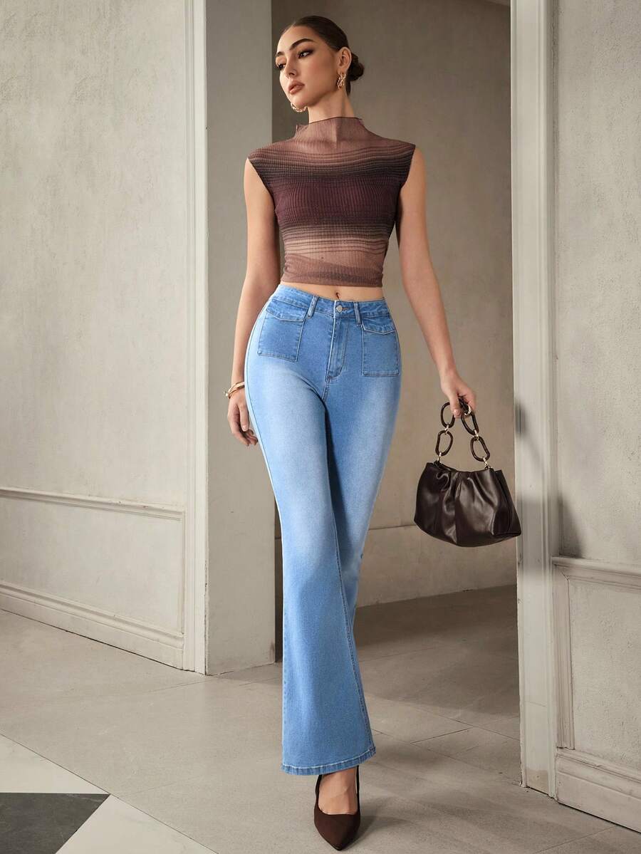 Selenza 女士休闲日常水洗口袋喇叭牛仔裤，女式靴型牛仔裤，高腰女式喇叭牛仔裤，女式喇叭牛仔裤 - 藍色 - 查看 1