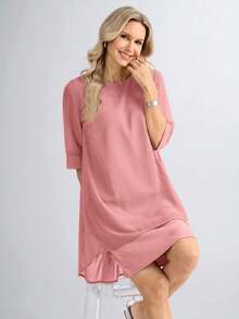 Miaspire Đầm voan màu trơn thanh lịch dài ngang gối dành cho nữ, đầm dáng rộng mùa xuân/hè, đầm xếp lớp, đầm màu trơn, đầm bất đối xứng, trang phục thường ngày cho nữ mùa xuân hè. - Bụi hồng - Xem 3