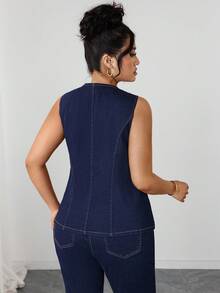 SHEIN Elenzya 大码女士优雅修身藏蓝色弹力牛仔上衣 - 深色水洗藍 - 查看 2