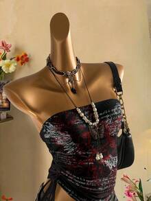 Attitoon Women's Casual Drawstring Tie-Front Cropped Tube Top Carnival - Black - View 5