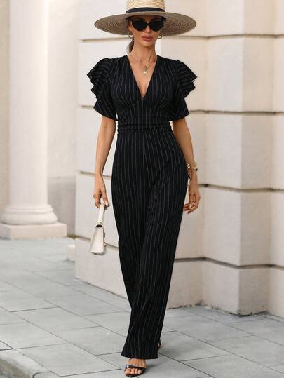 Editum Women's Elegant V-Neck Mesh Silver Foil Ruffle Sleeve Black Jumpsuit, Slim Fit Wide Leg Style, Suitable For Spring/Summer Weddings And Parties