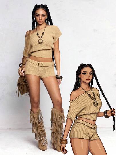 J-Fashion Vintage Sexy Glitter Knit Adjustable Off-Shoulder Women Sweater Set