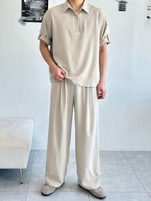 DAZY 男士 Polo 领纽扣半开襟短袖衬衫上衣和口袋阔腿裤休闲日常套装 - 卡其色 - 查看 7