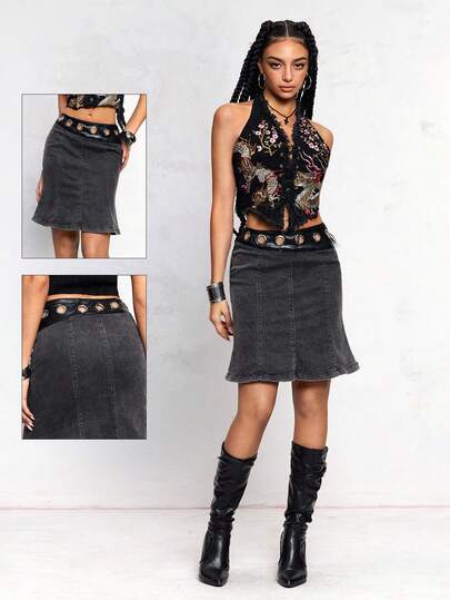 J-Fashion Women's Retro Denim Patchwork Grommet Sexy Mermaid Mini Skirt