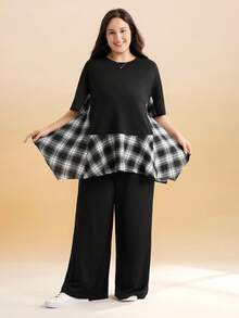 Momelise Setelan 2 Potong Atasan Patchwork Kasual Ukuran Plus + Celana Longgar Sederhana - Hitam - View 6