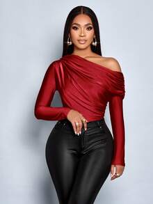 SOLERSUN 秋冬女装，休闲日常，优雅通勤，派对装，杏色，浅卡其色，光泽针织面料，露肩不对称领口，肩部褶裥，弧形拼接，长袖，连体衣 - 酒紅色 - 查看 6