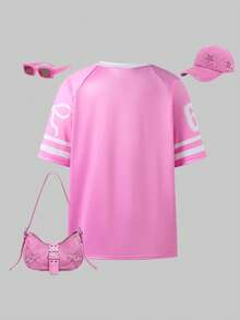 SHEIN ChillGRL Áo thun ngắn tay thể thao màu hồng cho bé gái, cổ chữ V, chất liệu dệt kim thoải mái, dáng rộng rãi, phù hợp cho các hoạt động thường ngày và thể thao, mùa hè. - Hồng - Xem 2