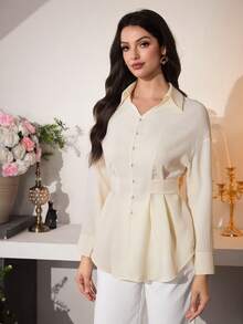 Modelyn Elegant Apricot Plain Long Sleeve Button Front Shirt With Flared Hem For Women Women's Spring/Summer Apricot Long Sleeve Faux Linen Bamboo Knot Tie Waist A-Line Elegant Blouse  Women's Plain Apricot Long Sleeve Blouse With Shirt Collar And Button Front Details Elegant Women's Apricot Blouse Long Sleeve Shirt Collar Button Front Flared Hem Top - Apricot - View 4