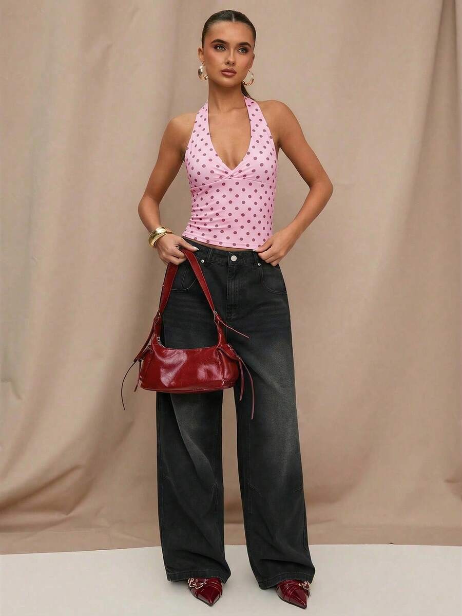 SHEIN BAE Top casual à col ras-du-cou imprimé de pois noirs, convient pour le brunch, les sorties, les rendez-vous, les trajets, les tenues de croisière, les tenues d'Ibiza - Rose bonbon - Voir 1