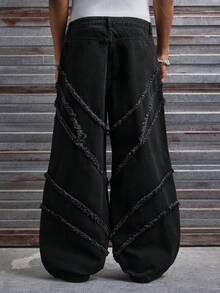 AXEPEAK 男士水洗拼接宽松休闲裤，时尚长裤 - 黑色 - 查看 4