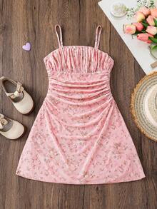 SHEIN Tween Girls' Sweet Ditsy Floral Ruffle Strap Summer Dress - Pink - View 7