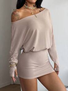 Coolane Đầm dệt kim dài tay cổ tròn màu trơn dành cho nữ, kiểu dáng thường ngày. - Màu Khaki - Xem 5