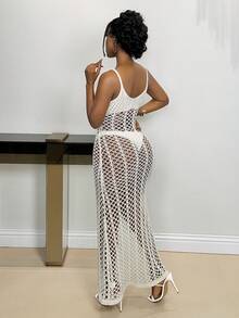 Đầm không tay nữ với họa tiết hoa 3D và dây đeo vai xuyên thấu. - Màu be - Xem 2