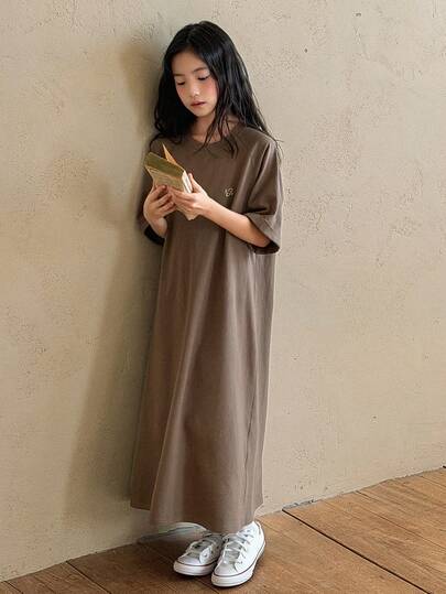 DAZY 少女碎花圆领插肩短袖宽松休闲连衣裙