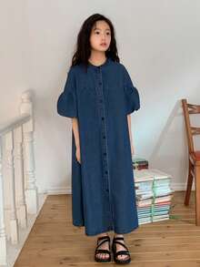 DAZY Tween Girls Casual Denim Short Sleeve Dress - Blue - View 3