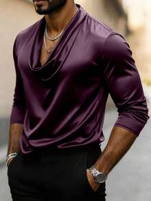 Manfinity AFTRDRK Manfinity Men's Mature Casual Black Satin Cowl Neck Long Sleeve Shirt, Men Clothes, Men Shirts - Slim Fit, Ideal For Party, Halloween, Christmas, New Year, Daily Street Outings & Date Nights, Perfect Gift For Boyfriends/Husbands On Anniversaries. Dark Purple Shirt Men Fashion Tops V Neck Men Shirt Satin Men Shirt Purple Top Men - Purple - View 3