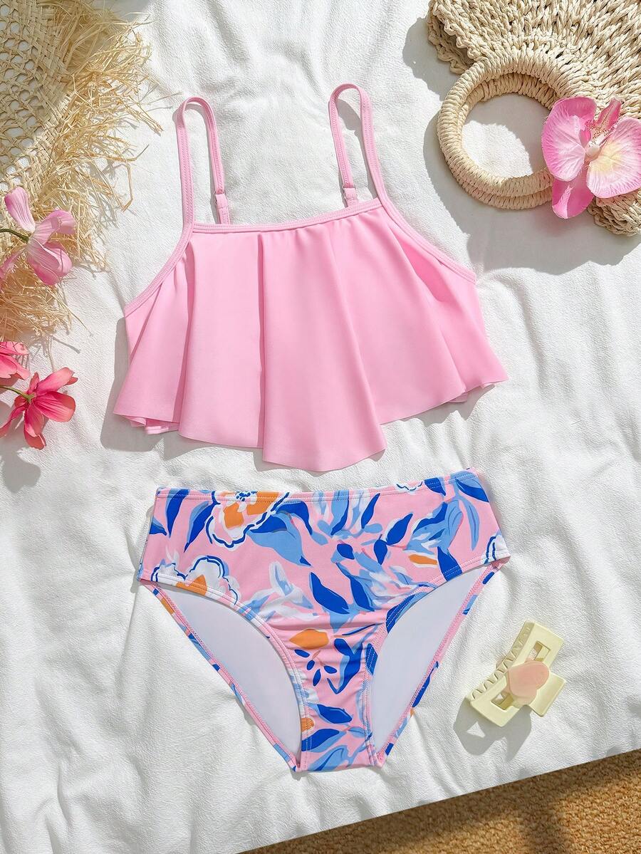 SHEIN 女童扎染印花两件式泳衣，休闲沙滩/泳池/冲浪吊带背心式比基尼，春夏两件式泳衣，青少年度假两件式泳装，青少年泳衣，青少年两件式沙滩装，儿童两件式比基尼套装，女童沙滩装两件式，印花比基尼泳裤，女童两件式泳衣，粉色两件式泳衣，荧光粉色女童两件式泳衣 - 彩色 - 查看 1