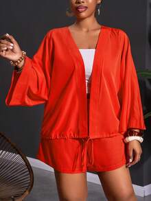 Slaydiva 2pcs/Set Plus Size Women's Music Festival Tie Front Long Sleeve Top And Shorts,Red And White,Autumn,Smart Casual,Vacation Orange Kimonos Yacht Outfit - Orange - View 5
